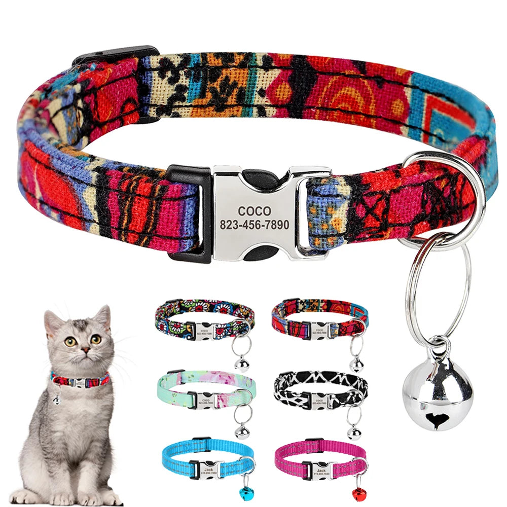 Coleira personalizada para gatos, coleiras de nylon para filhotes, com plaquinha de identificação gravada , colar com sino e ajuste para gatos.