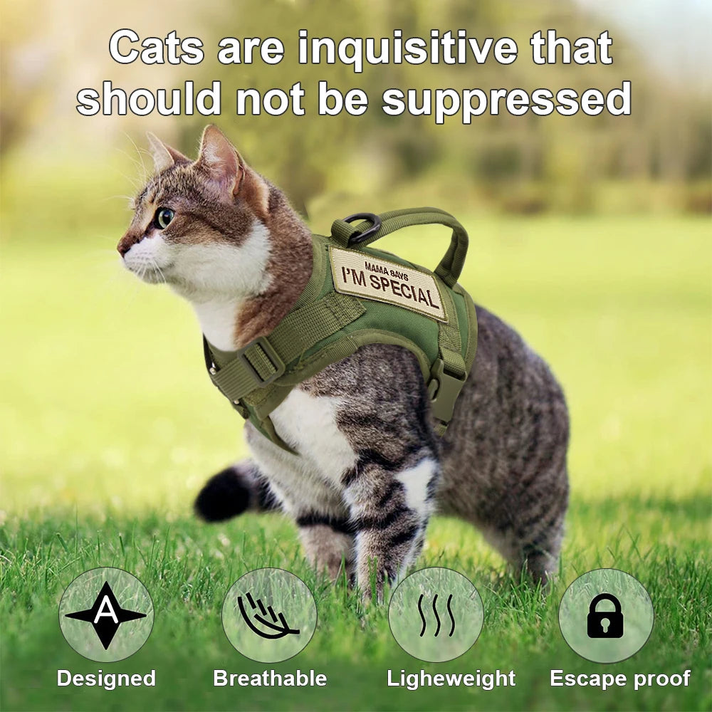 Colete peitoral de nylon para gatos com 2 adesivos, estilo militar tático, com alça, ideal para treinamento e passeios com gatos .