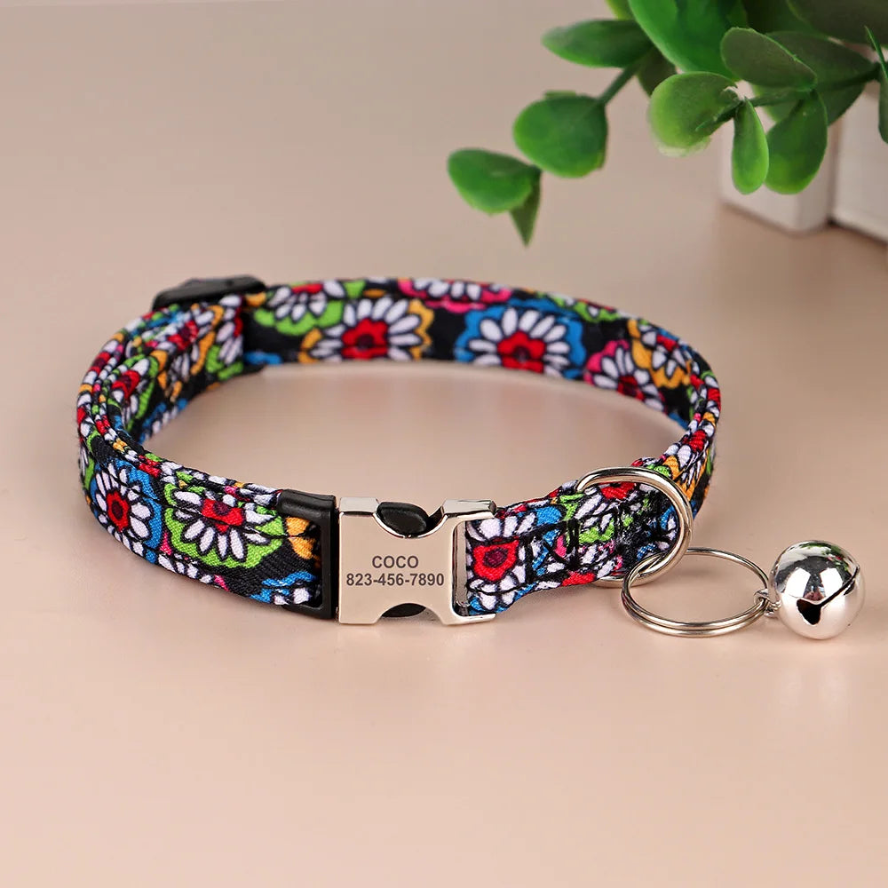Coleira personalizada para gatos, coleiras de nylon para filhotes, com plaquinha de identificação gravada , colar com sino e ajuste para gatos.