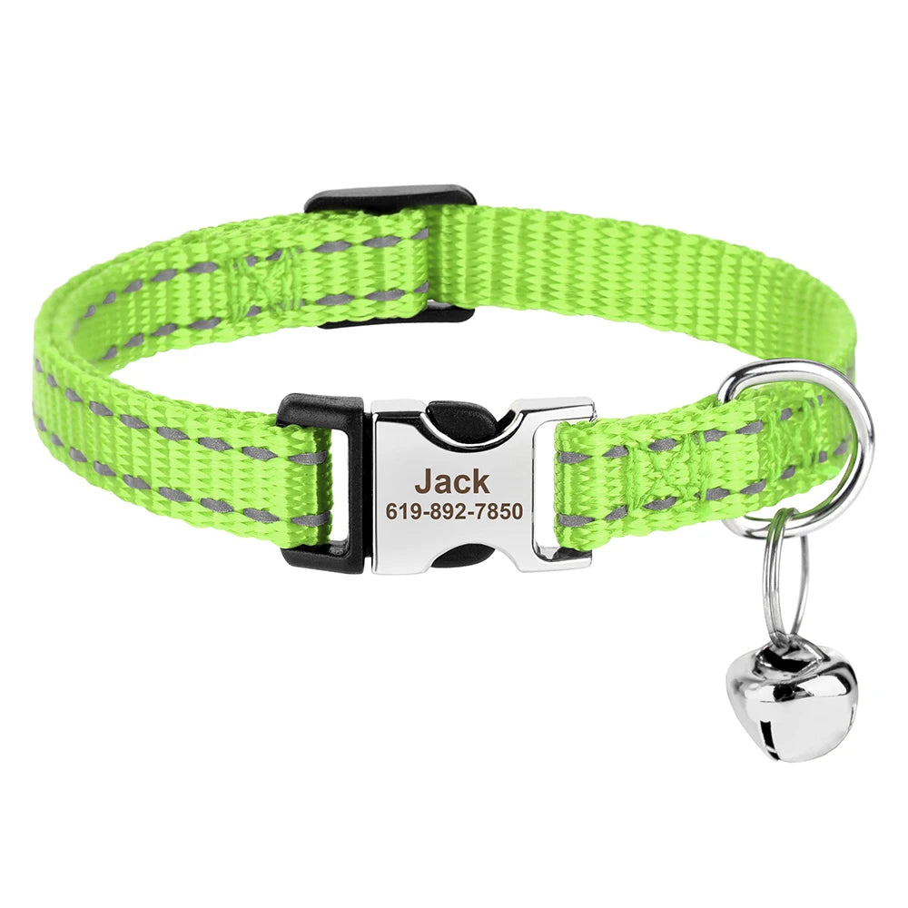 Coleira personalizada para gatos, coleiras de nylon para filhotes, com plaquinha de identificação gravada , colar com sino e ajuste para gatos.