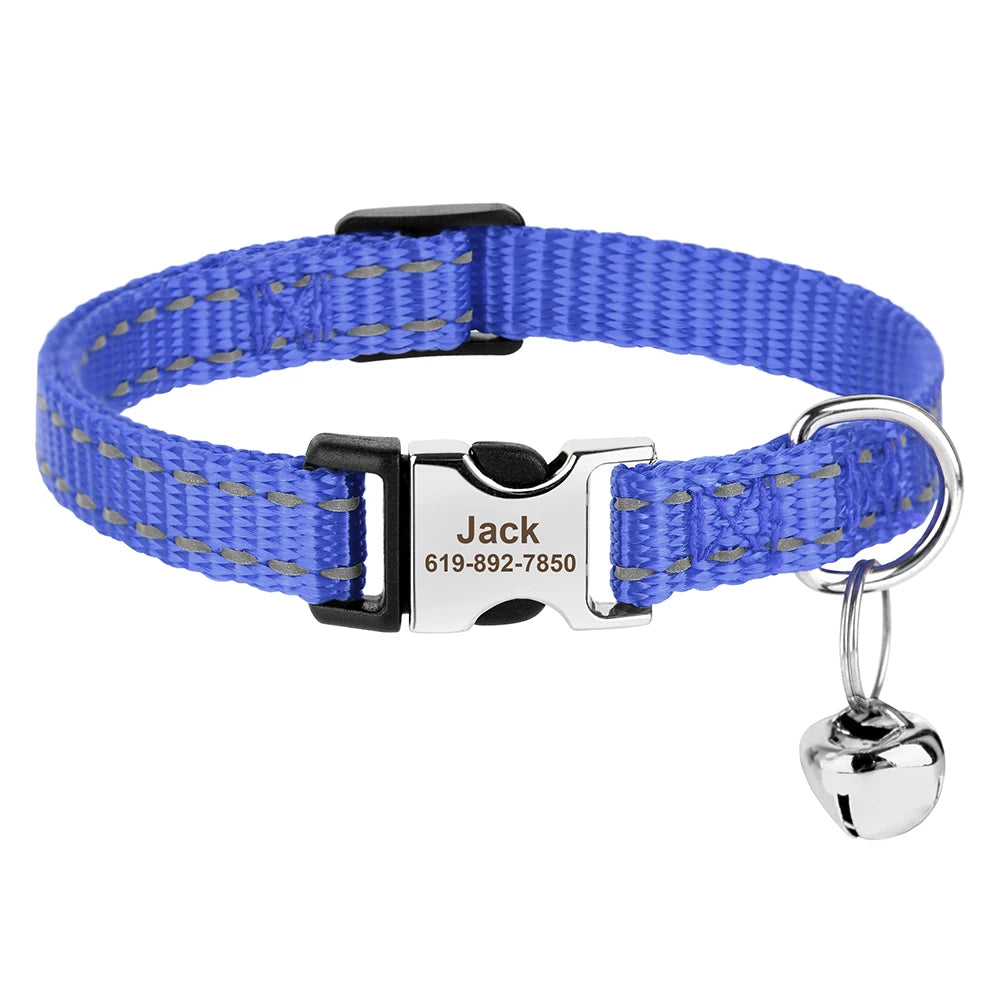 Coleira personalizada para gatos, coleiras de nylon para filhotes, com plaquinha de identificação gravada , colar com sino e ajuste para gatos.