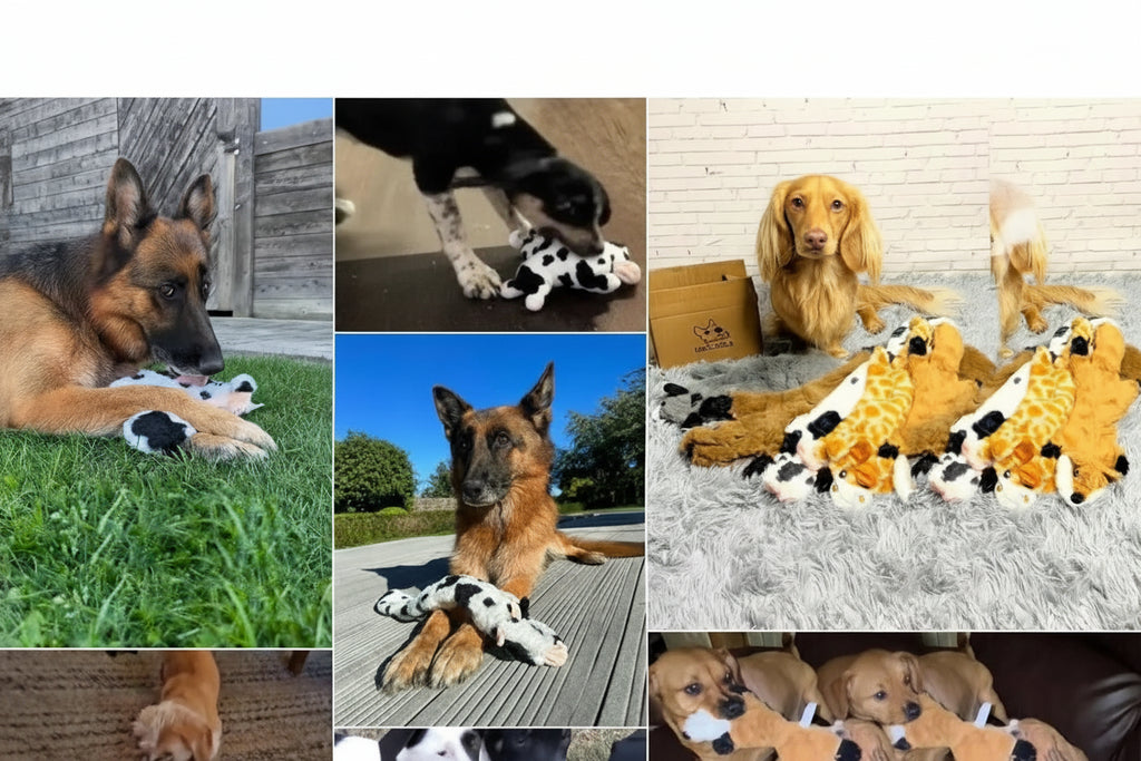 Brinquedos de pelúcia para cães com som de amassado, nos formatos raposa, girafa, esquilo, vaca e burro. Sem enchimento, ideais para cães de pequeno, médio e grande porte.