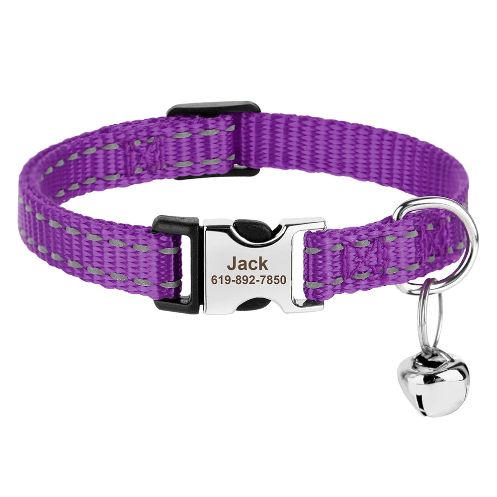 Coleira personalizada para gatos, coleiras de nylon para filhotes, com plaquinha de identificação gravada , colar com sino e ajuste para gatos.
