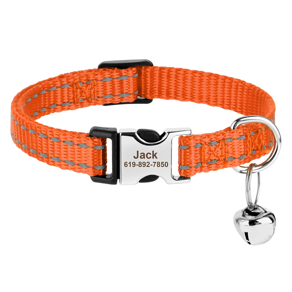 Coleira personalizada para gatos, coleiras de nylon para filhotes, com plaquinha de identificação gravada , colar com sino e ajuste para gatos.