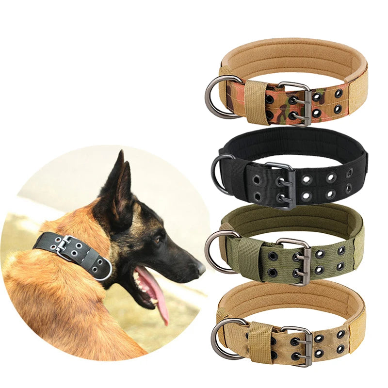Coleira tática ajustável e durável em nylon para cães de porte médio e grande.