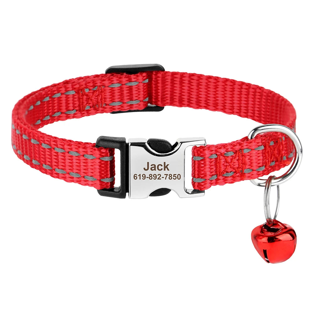 Coleira personalizada para gatos, coleiras de nylon para filhotes, com plaquinha de identificação gravada , colar com sino e ajuste para gatos.