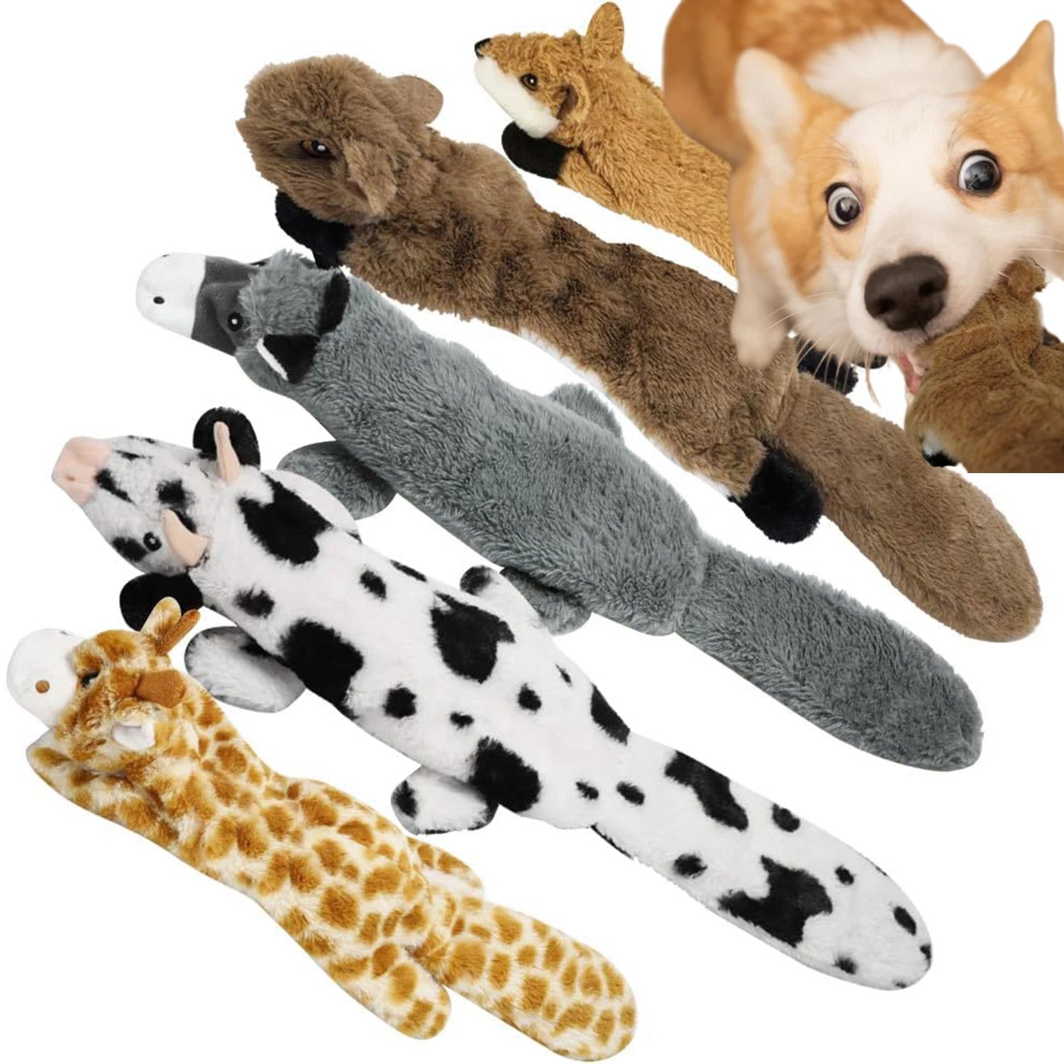 Brinquedos de pelúcia para cães com som de amassado, nos formatos raposa, girafa, esquilo, vaca e burro. Sem enchimento, ideais para cães de pequeno, médio e grande porte.