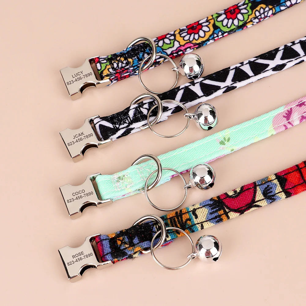 Coleira personalizada para gatos, coleiras de nylon para filhotes, com plaquinha de identificação gravada , colar com sino e ajuste para gatos.