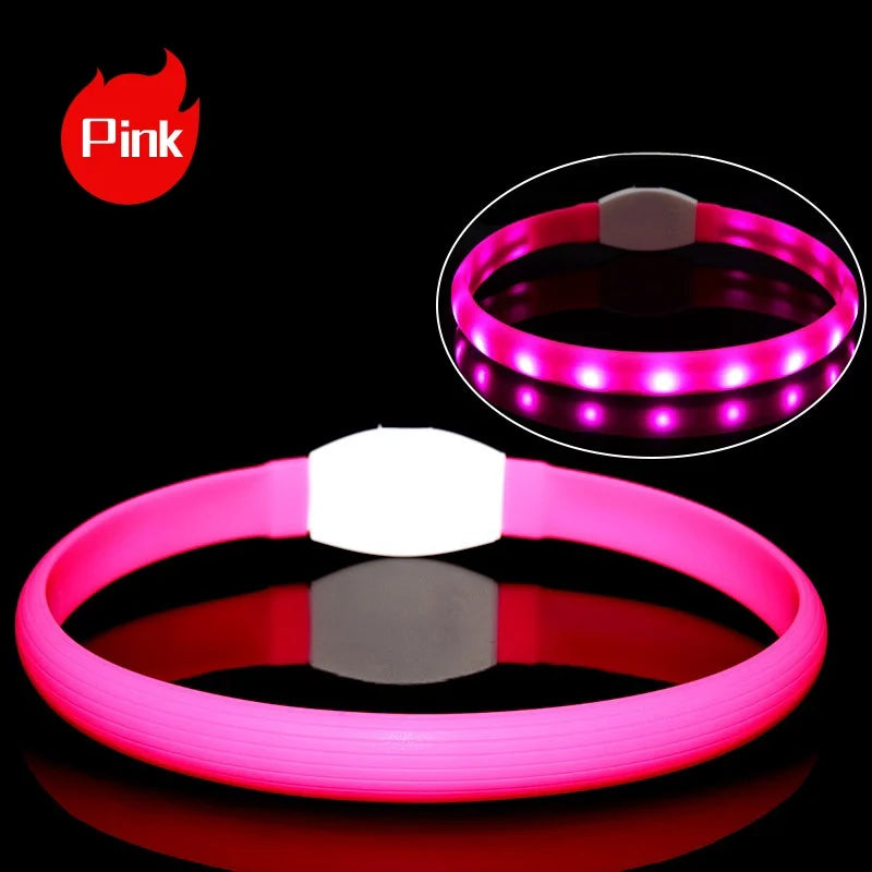 Nova coleira luminosa de LED para cães, em PVC à prova d'água, para cães de grande, médio e pequeno porte. Possui luz USB para segurança noturna e é um acessório luminoso para animais de estimação.
