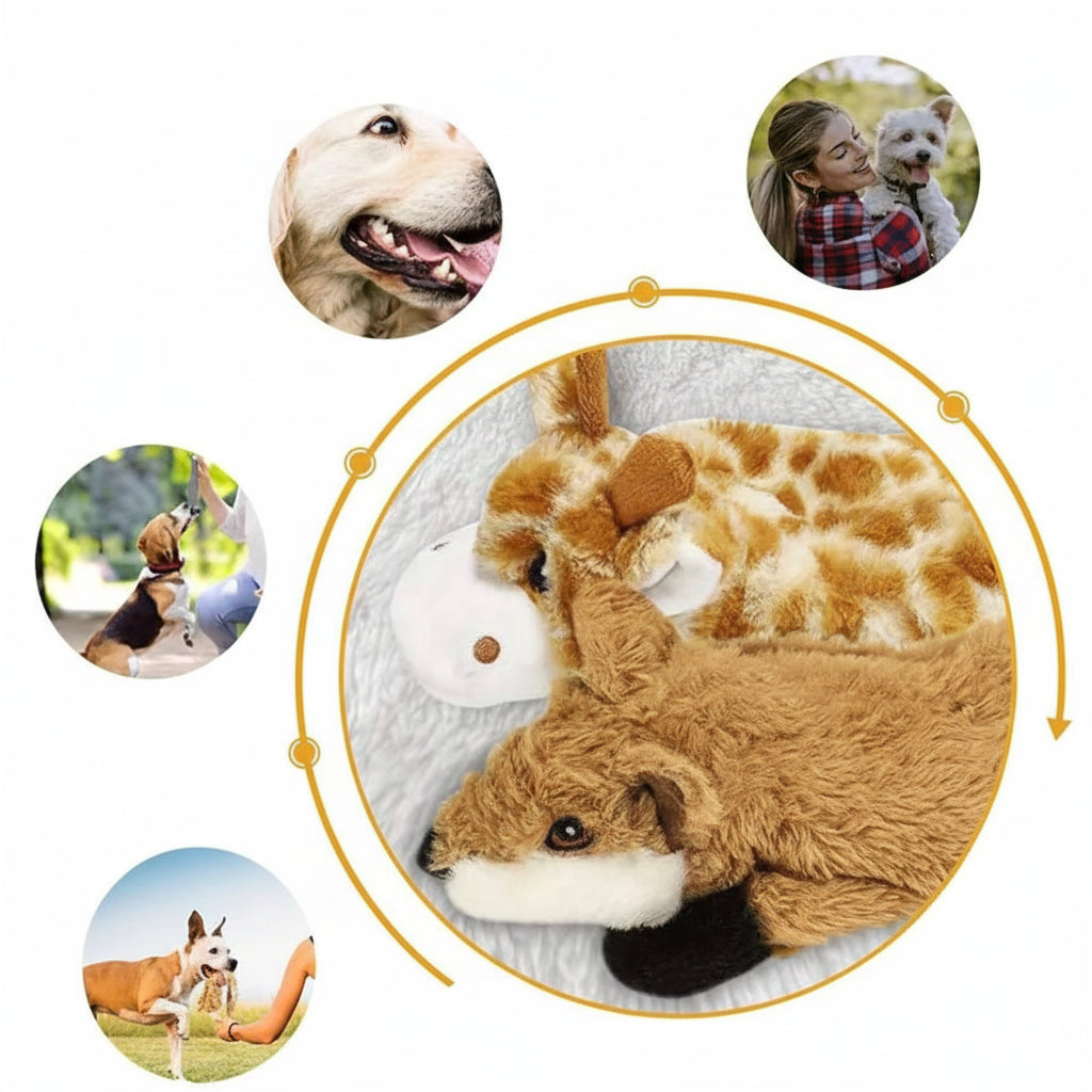 Brinquedos de pelúcia para cães com som de amassado, nos formatos raposa, girafa, esquilo, vaca e burro. Sem enchimento, ideais para cães de pequeno, médio e grande porte.