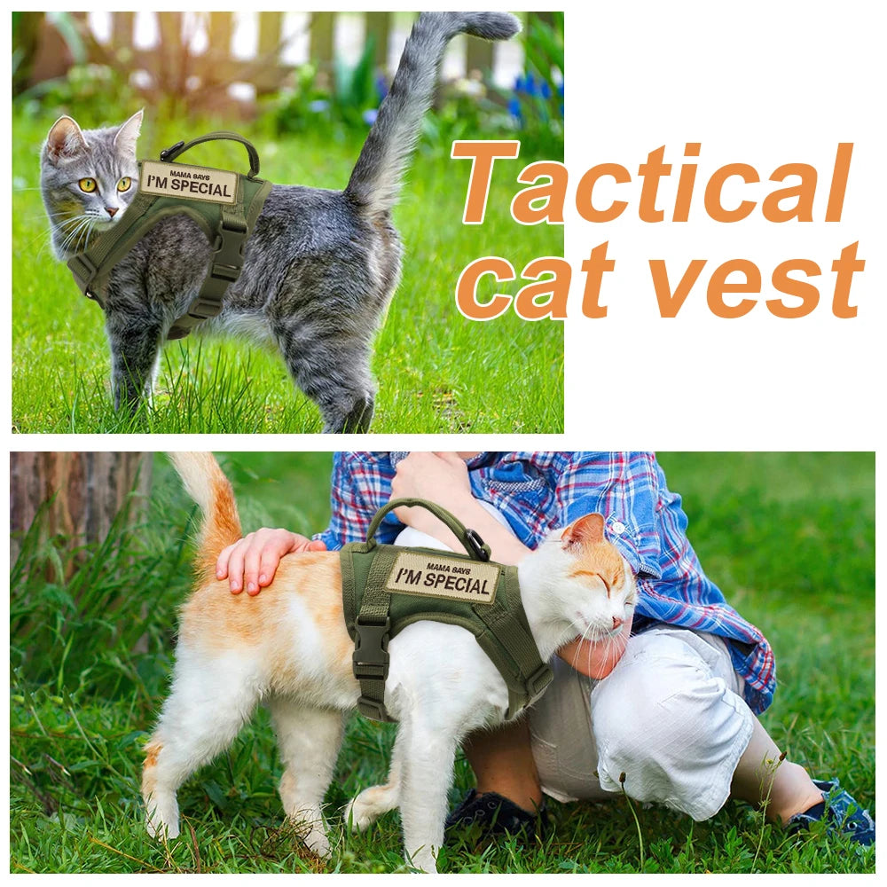 Colete peitoral de nylon para gatos com 2 adesivos, estilo militar tático, com alça, ideal para treinamento e passeios com gatos .