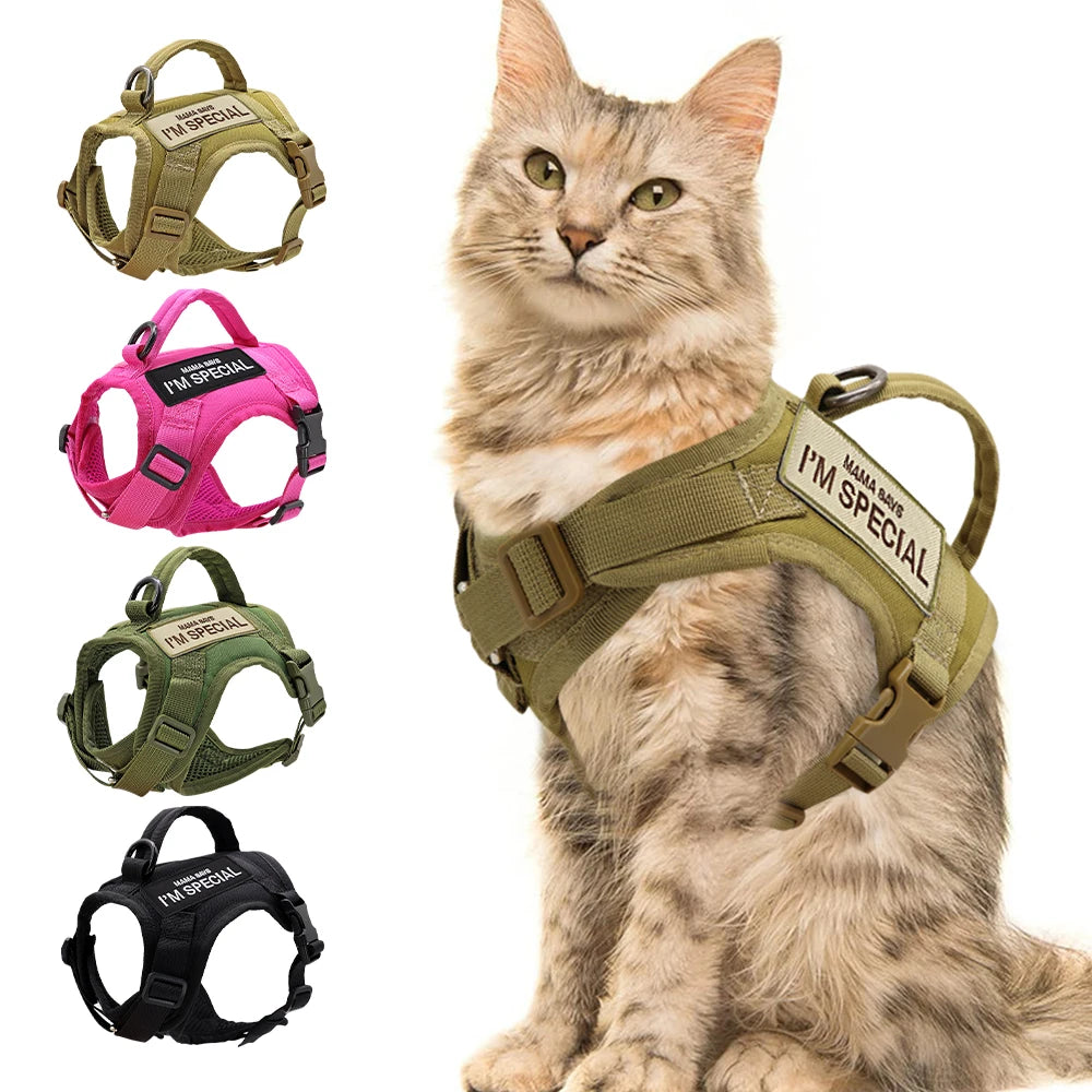 Colete peitoral de nylon para gatos com 2 adesivos, estilo militar tático, com alça, ideal para treinamento e passeios com gatos .