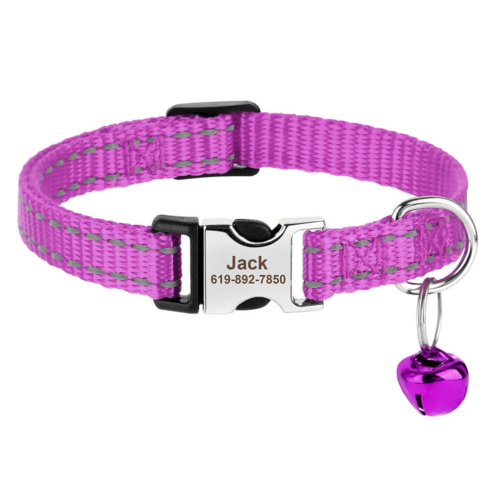 Coleira personalizada para gatos, coleiras de nylon para filhotes, com plaquinha de identificação gravada , colar com sino e ajuste para gatos.