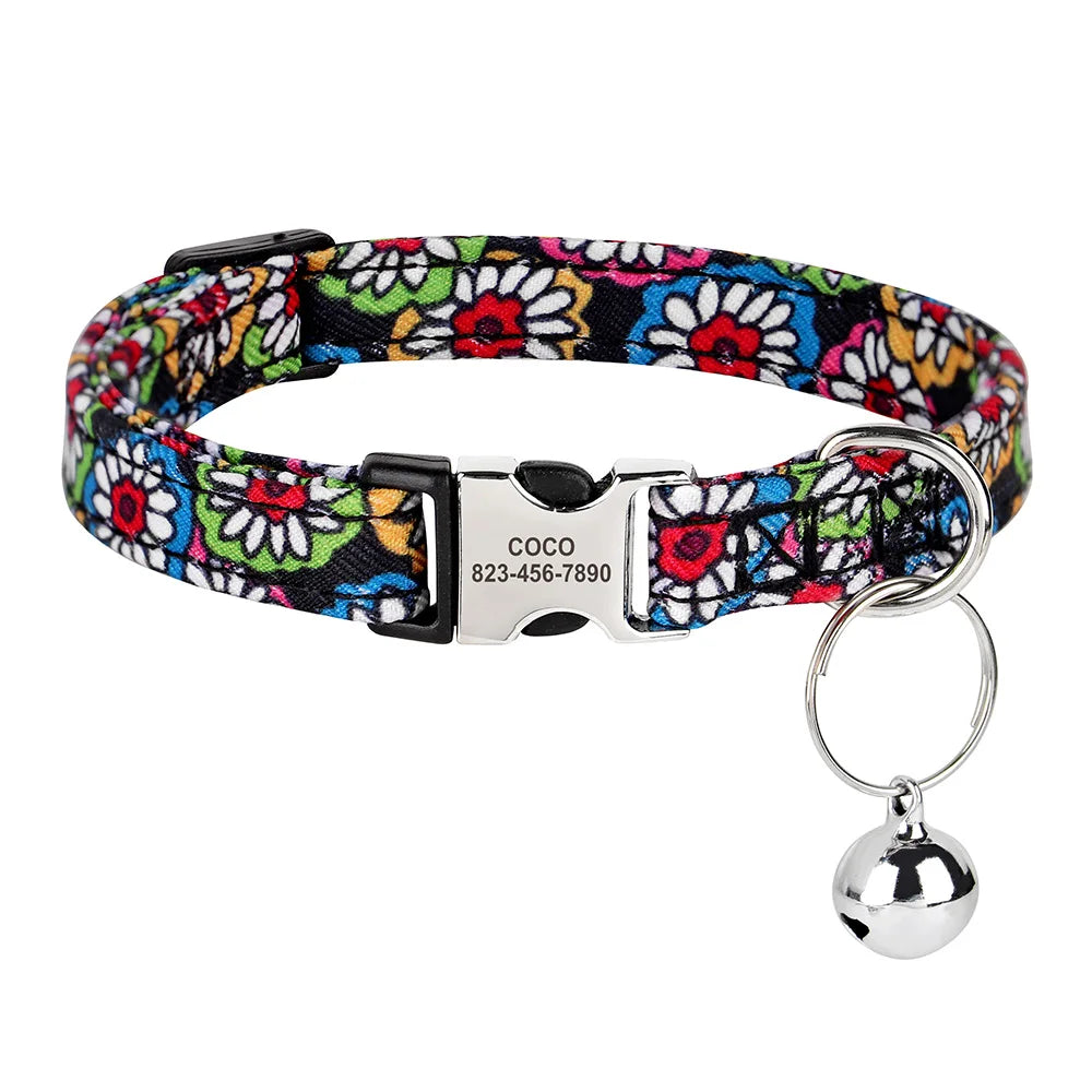 Coleira personalizada para gatos, coleiras de nylon para filhotes, com plaquinha de identificação gravada , colar com sino e ajuste para gatos.