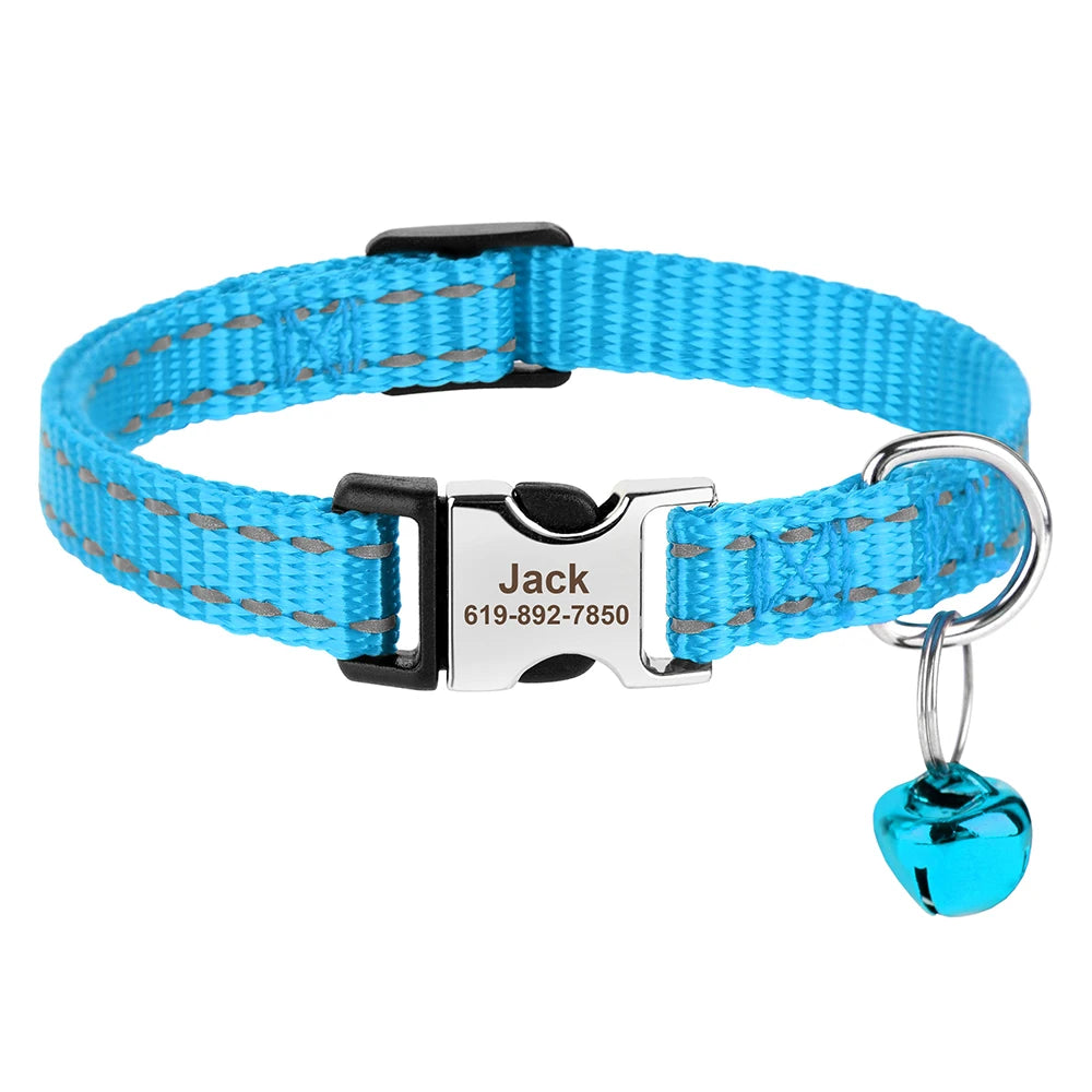 Coleira personalizada para gatos, coleiras de nylon para filhotes, com plaquinha de identificação gravada , colar com sino e ajuste para gatos.