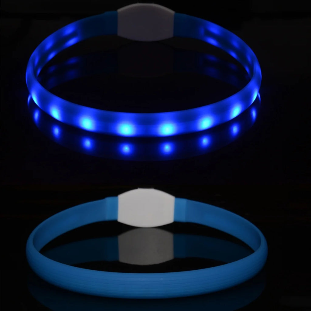 Nova coleira luminosa de LED para cães, em PVC à prova d'água, para cães de grande, médio e pequeno porte. Possui luz USB para segurança noturna e é um acessório luminoso para animais de estimação.