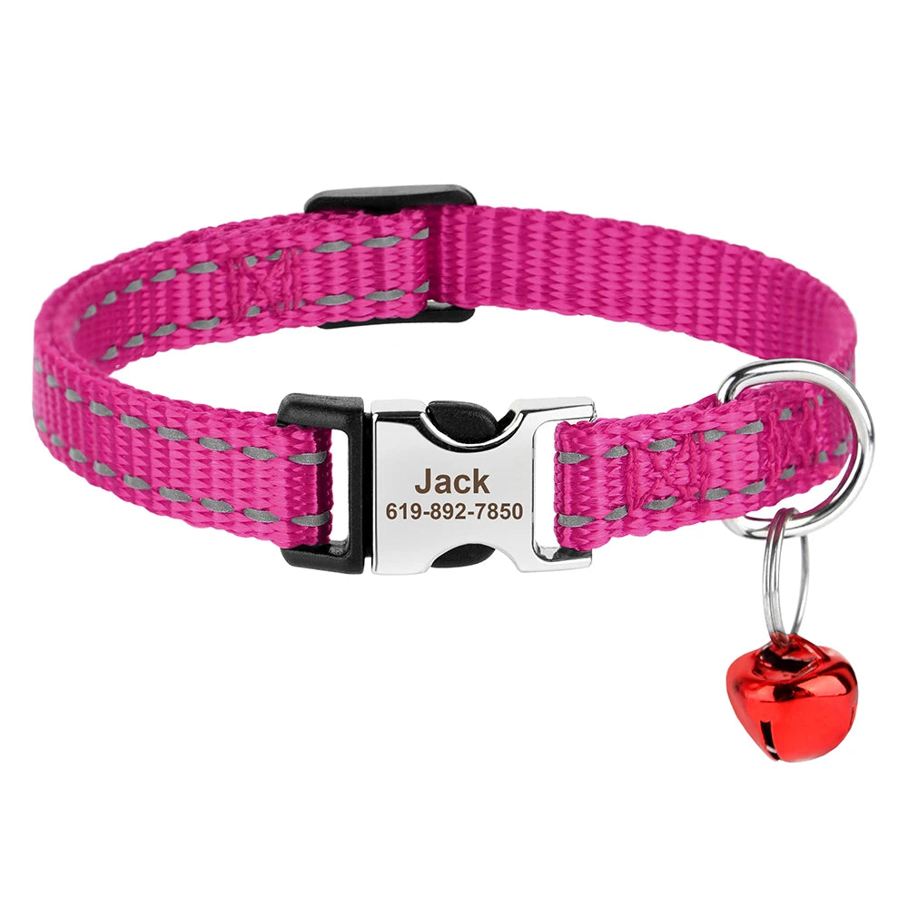 Coleira personalizada para gatos, coleiras de nylon para filhotes, com plaquinha de identificação gravada , colar com sino e ajuste para gatos.