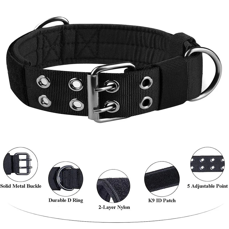 Coleira tática ajustável e durável em nylon para cães de porte médio e grande.