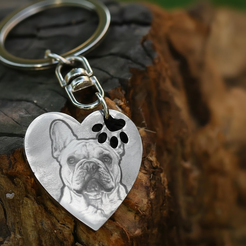 Chaveiro UniCrena com foto gravada do seu cachorro, personalizado para amantes de cães e gatos, presente de condolências pela perda de um animal de estimação, em aço inoxidável com formato de coração.