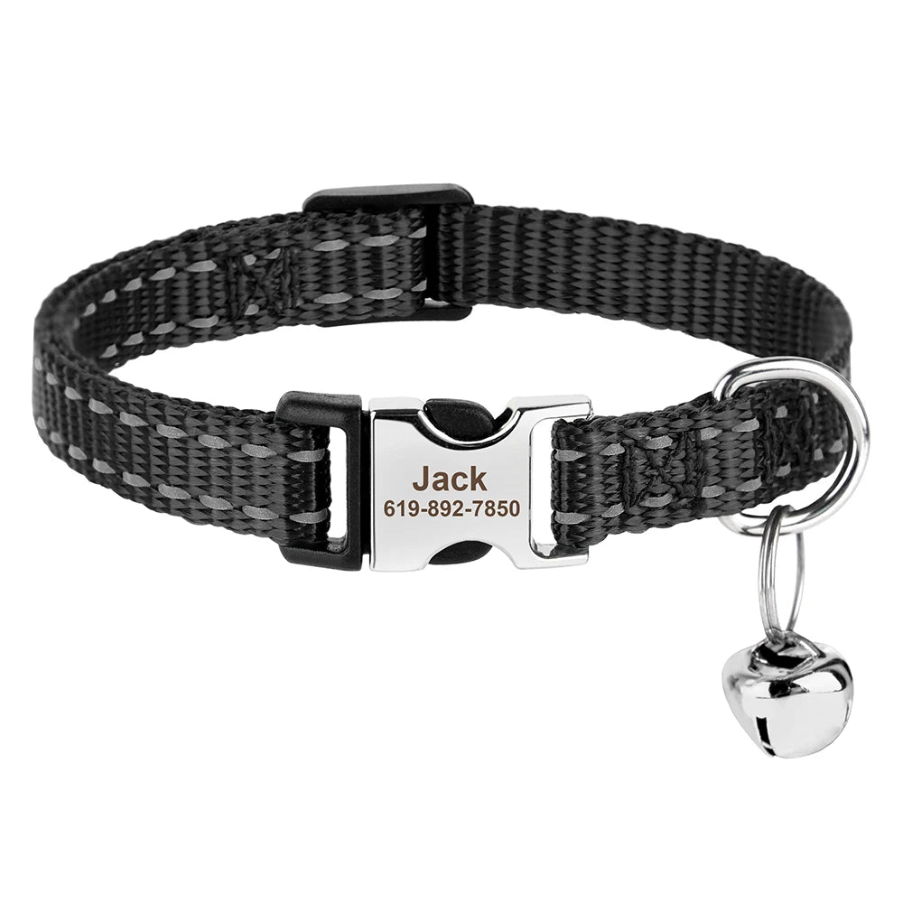 Coleira personalizada para gatos, coleiras de nylon para filhotes, com plaquinha de identificação gravada , colar com sino e ajuste para gatos.