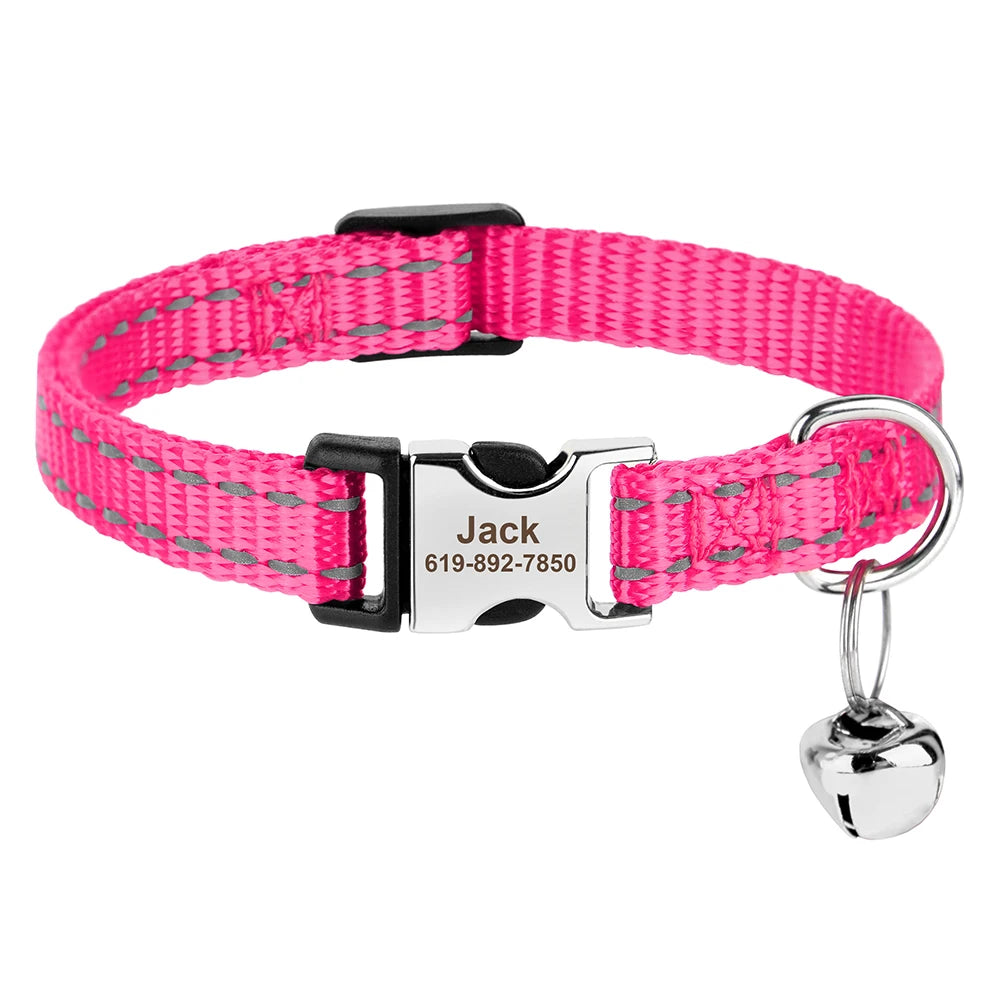 Coleira personalizada para gatos, coleiras de nylon para filhotes, com plaquinha de identificação gravada , colar com sino e ajuste para gatos.
