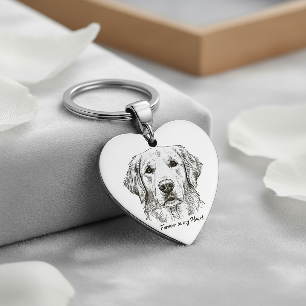 Chaveiro UniCrena com foto gravada do seu cachorro, personalizado para amantes de cães e gatos, presente de condolências pela perda de um animal de estimação, em aço inoxidável com formato de coração.