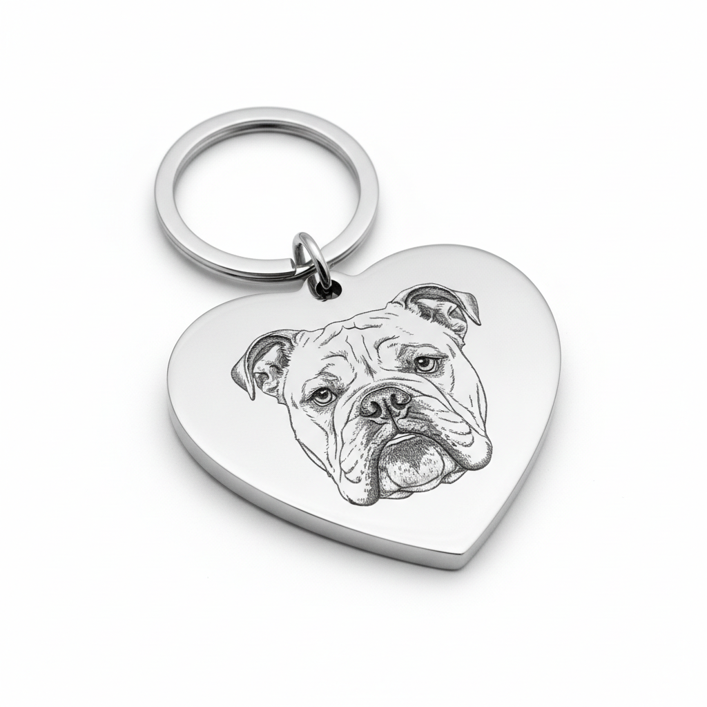 Chaveiro UniCrena com foto gravada do seu cachorro, personalizado para amantes de cães e gatos, presente de condolências pela perda de um animal de estimação, em aço inoxidável com formato de coração. com um budog 