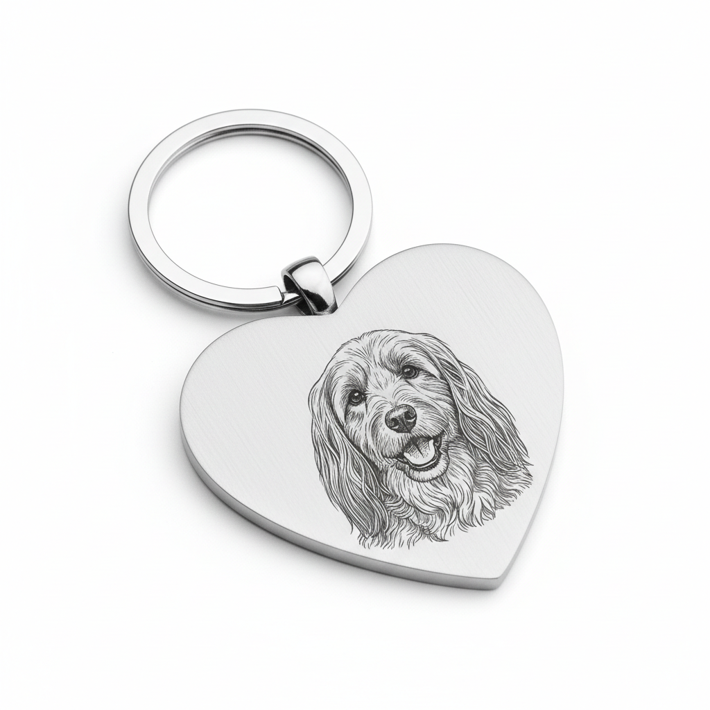 Chaveiro UniCrena com foto gravada do seu cachorro, personalizado para amantes de cães e gatos, presente de condolências pela perda de um animal de estimação, em aço inoxidável com formato de coração. com um cachorro peludo 