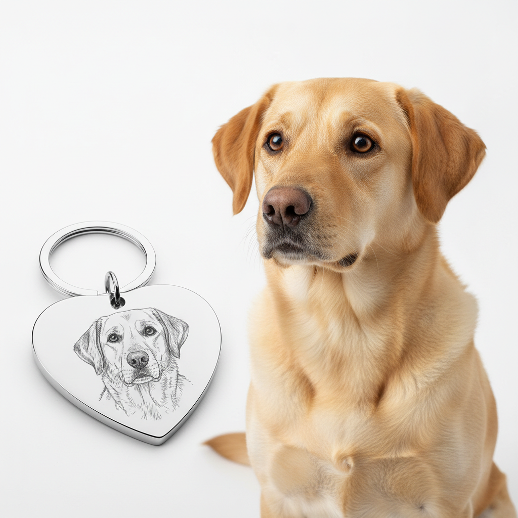 Chaveiro UniCrena com foto gravada do seu cachorro, personalizado para amantes de cães e gatos, presente de condolências pela perda de um animal de estimação, em aço inoxidável com formato de coração. com o animal ao lado 